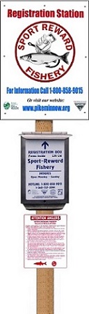 Image of Northern Pikeminnow Sport-Reward Program Registration Box and Signage.