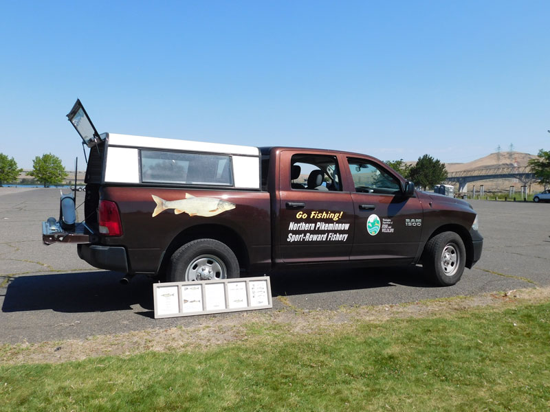 Image of Northern Pikeminnow Sport-Reward Program van at the Umatilla Boat Ramp.