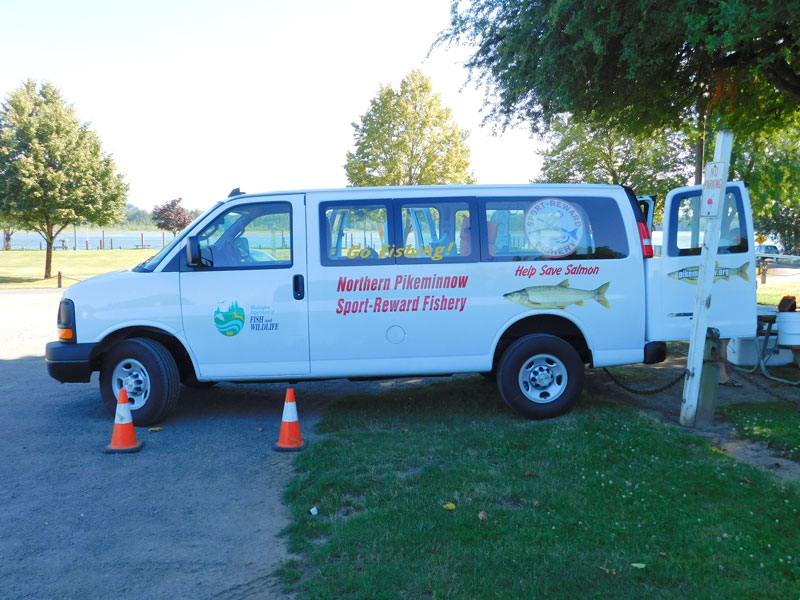Image of Northern Pikeminnow Sport-Reward Program van at the Washougal Boat Ramp.